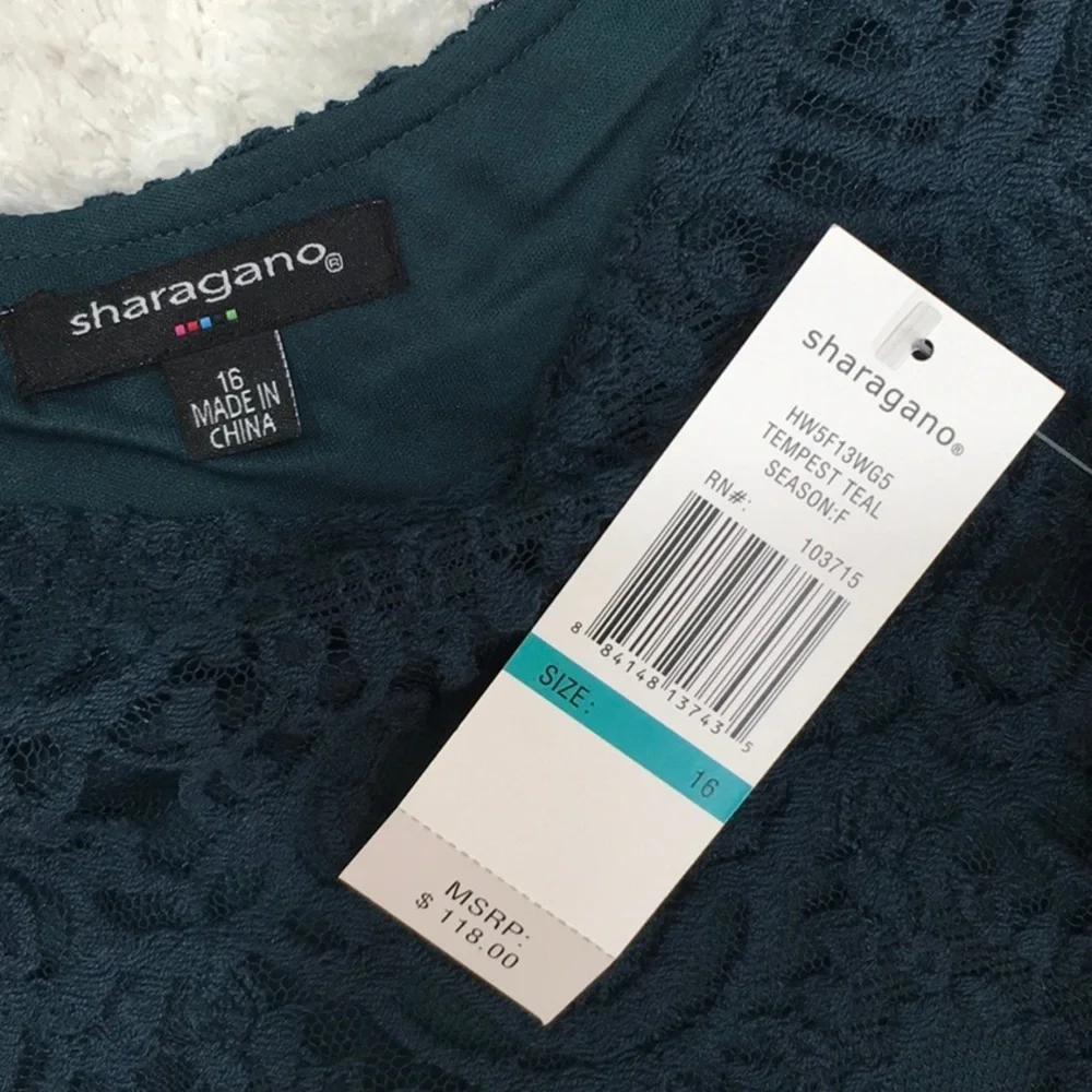 Sharagano teal lace sheath dress NWT